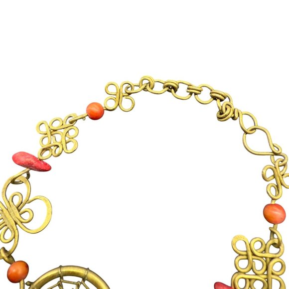 Orange Beaded Floral Filigree Wire Bangle Bracelet Brass Tone Bohemian Boho - Picture 3 of 5